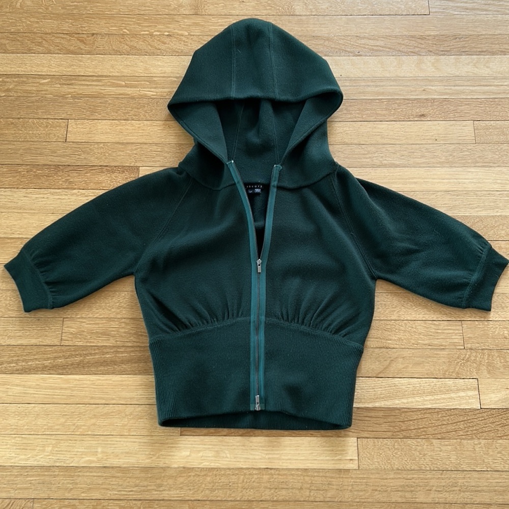 Theory green wool hooded zipper sweater size s 90s skate girl style
